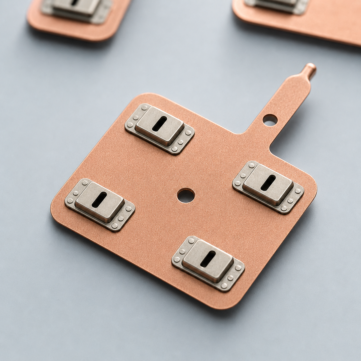 Close-up rendering of a thin copper busbar piece with four nickel spot-weld contacts