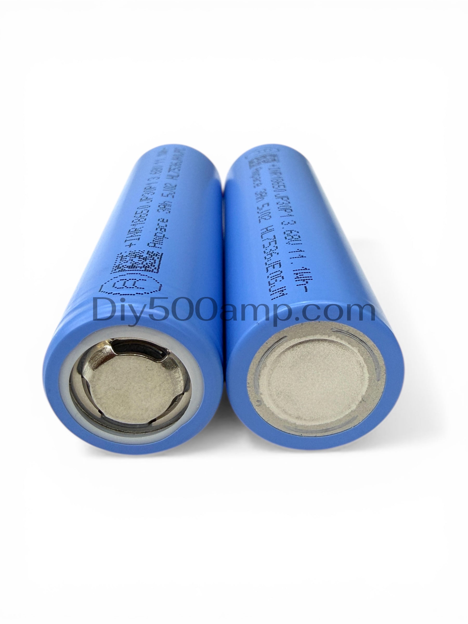 Two Ampace INR18650-JP30PM 3000mAh lithium-ion battery cells, bottom view