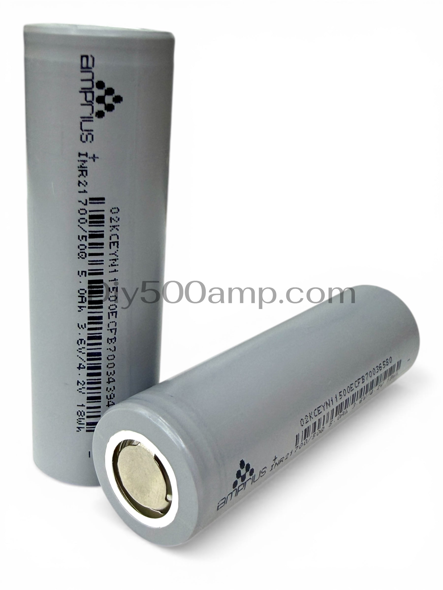 Two Amprius 21700 50Q 5000mAh tabless battery cells, upright and side view