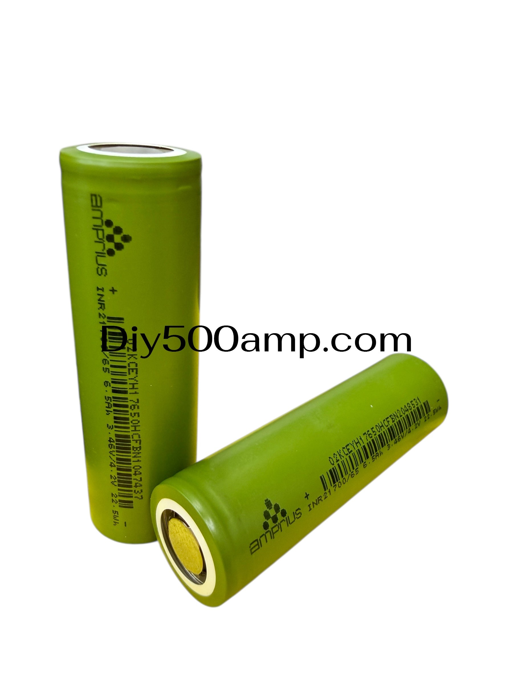 Two Amprius INR21700-65A 6500mAh lithium-ion battery cells, upright and side view