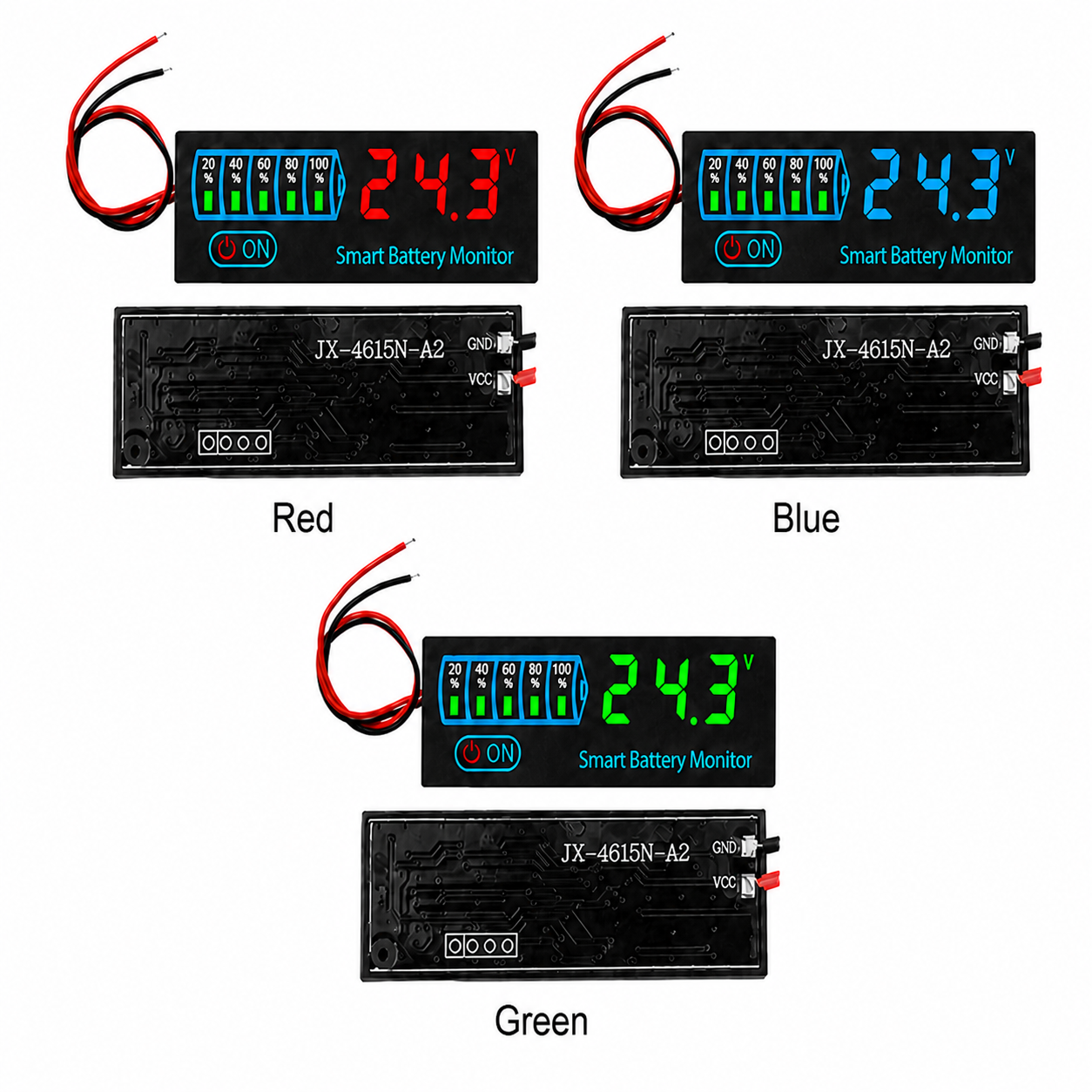 Red, blue, and green DC 7-40V battery indicator modules shown from the front and back