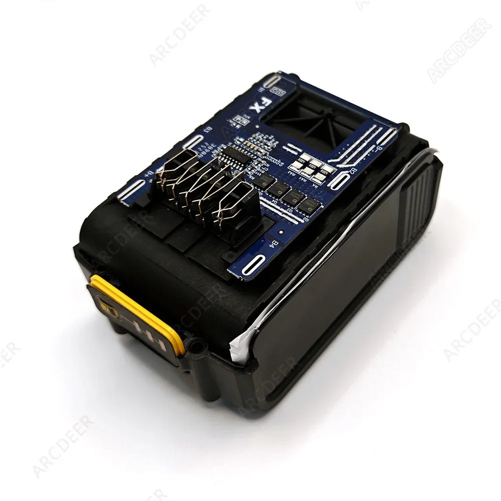 Main PCB positioned inside a DeWalt-compatible 10x18650 battery case