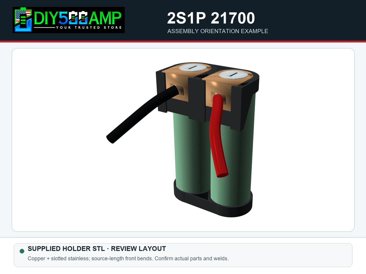 DIY500AMP 2S1P 21700 copper and slotted stainless steel CAD assembly, paired cell layout and bent front cable terminals - design review rendering