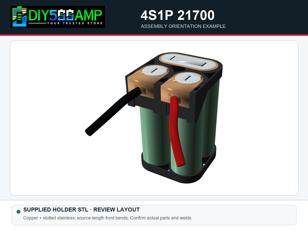 DIY500AMP 4S1P 21700 copper and slotted stainless steel CAD assembly, paired cell layout and bent front cable terminals - design review rendering