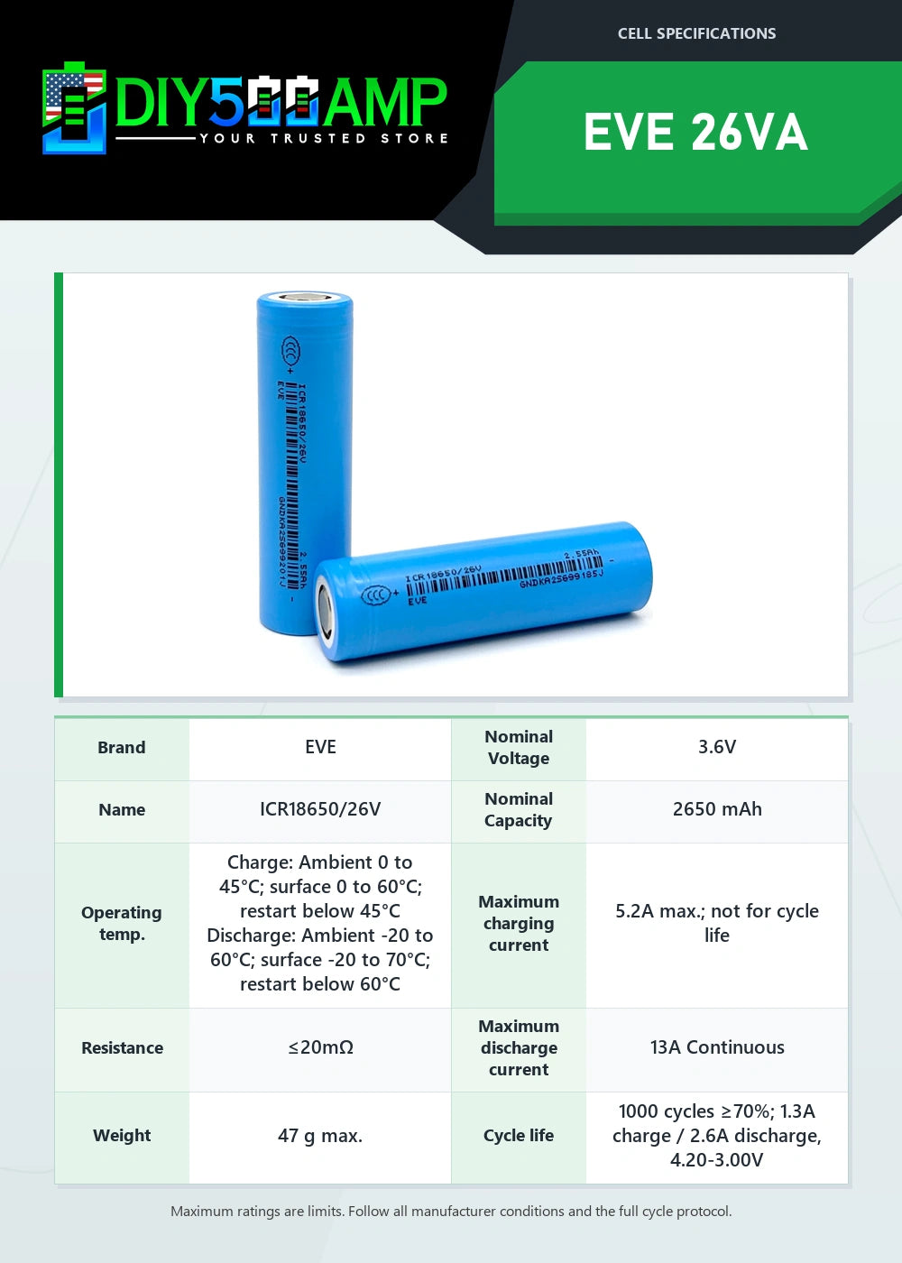 EVE 26VA lithium-ion battery cell datasheet summary and specifications