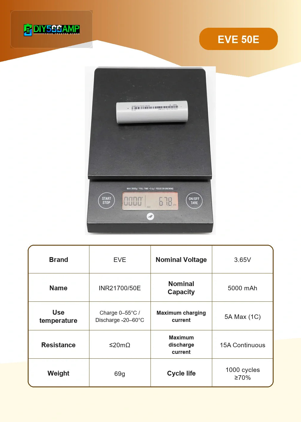 EVE 50E lithium-ion battery cell datasheet summary and specifications