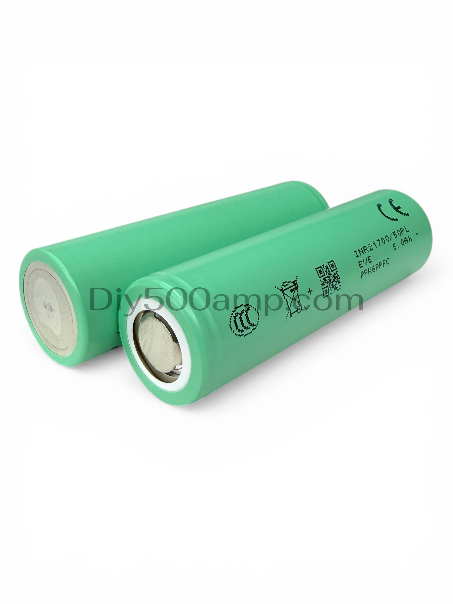 Two EVE INR21700-50PL 5000mAh lithium-ion battery cells, angled side view