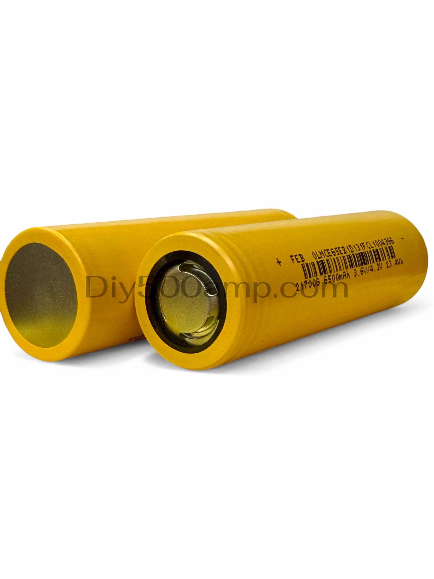 Two FEB 21700 6500mAh lithium-ion battery cells, side view