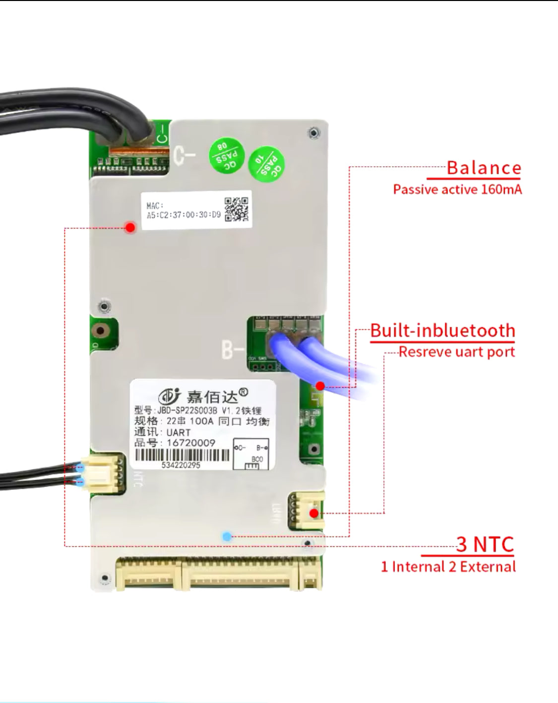 JBDBMS Smart BMS BT UART 100A 6-21S, detail view 4