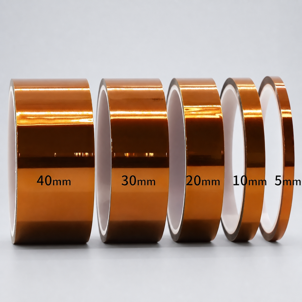 Amber polyimide insulation tape in 20mm and 40mm widths, 33 meter rolls
