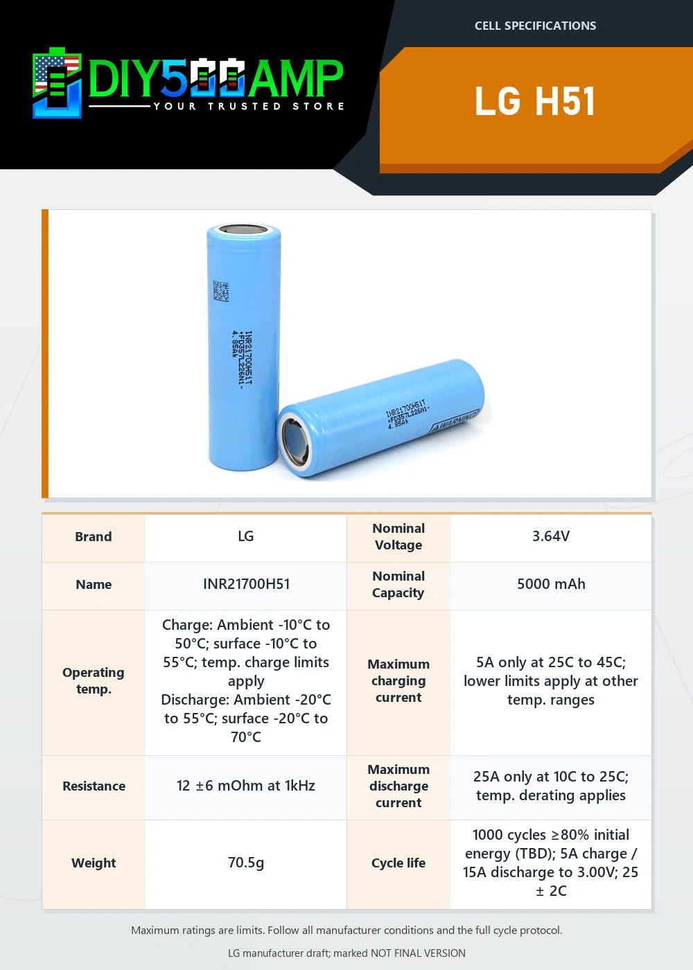 LG H51 lithium-ion battery cell datasheet summary and specifications