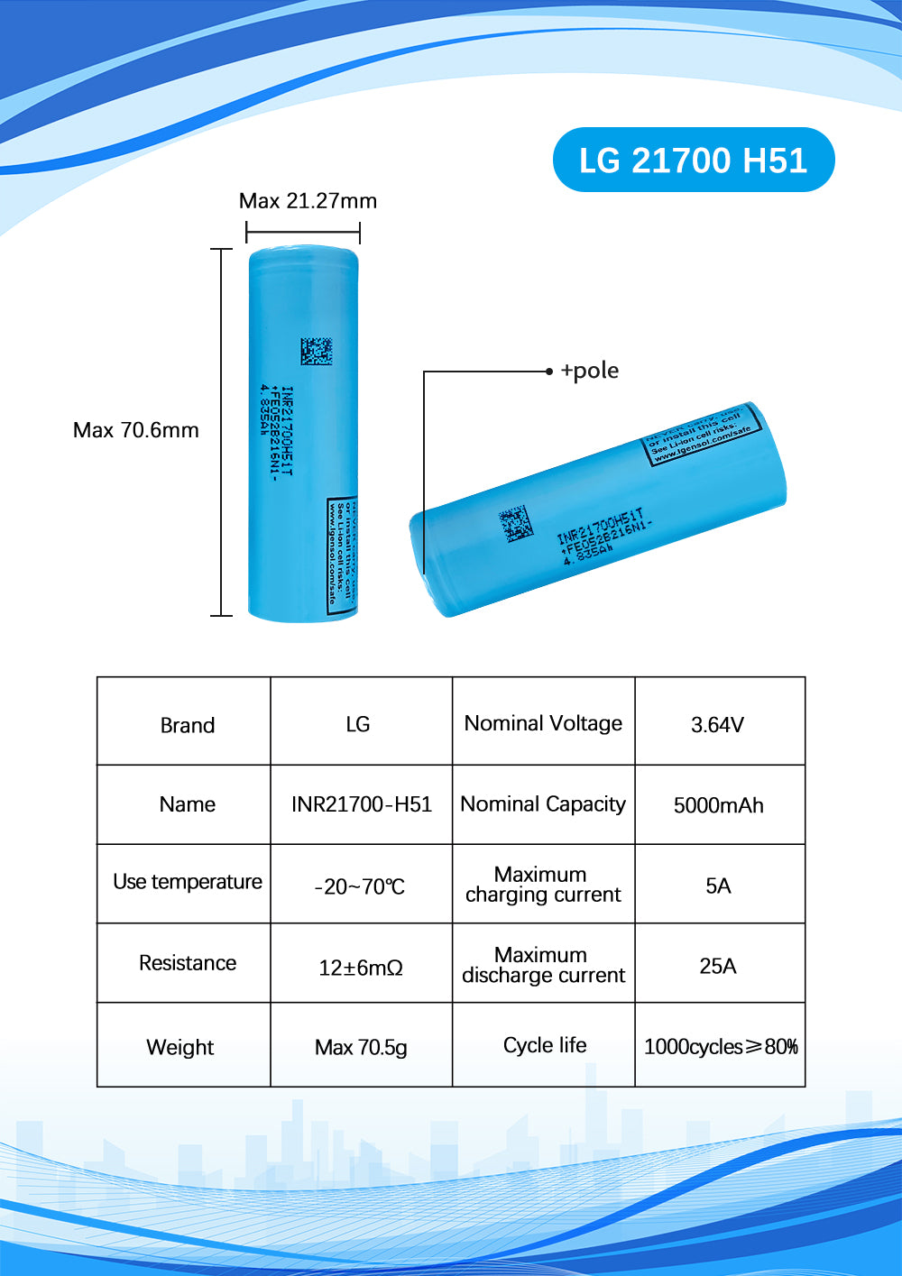 LG H51 21700 Cell – 5000mAh 25A – High-Capacity Lithium-Ion Battery - lithium-ion battery cell