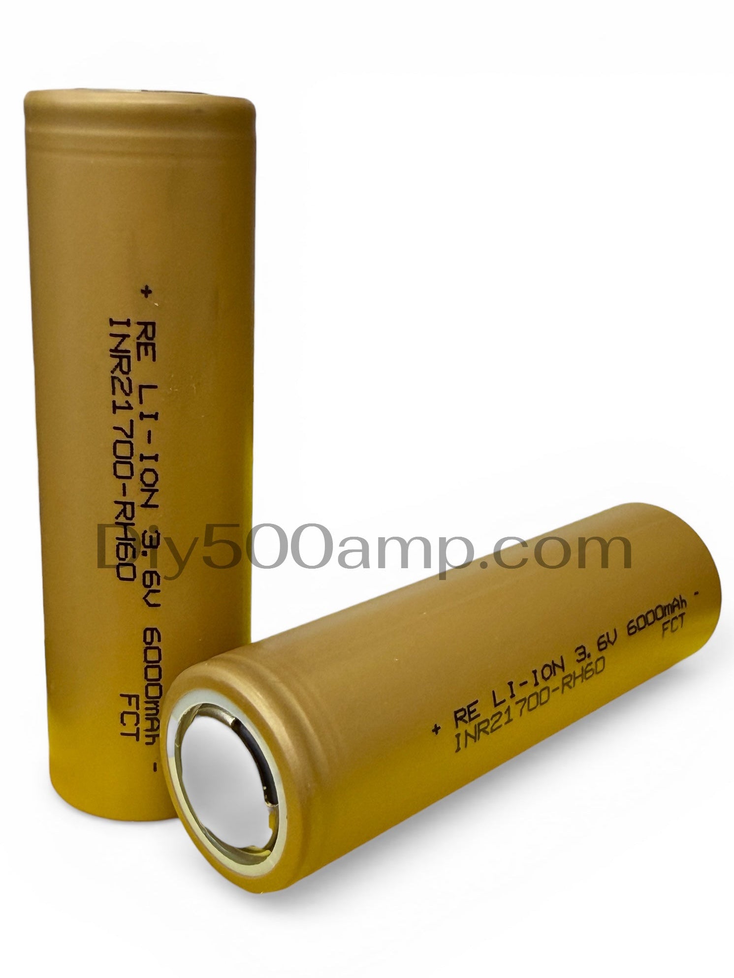 Two Reliance RH60 lithium-ion battery cells, upright and side view