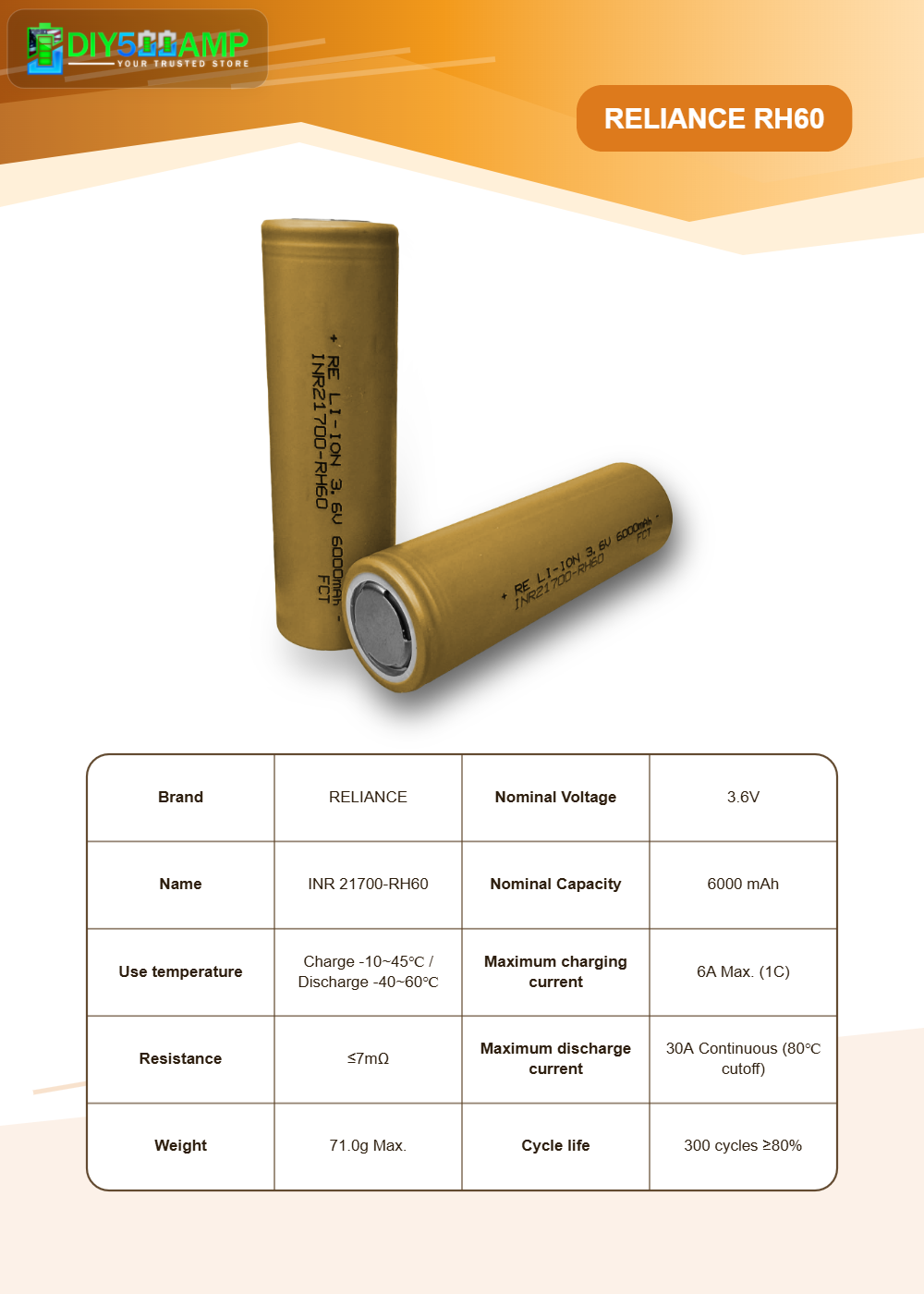 Reliance RH60 21700 Battery Cell – 6000mAh 30A – High Energy - Samples