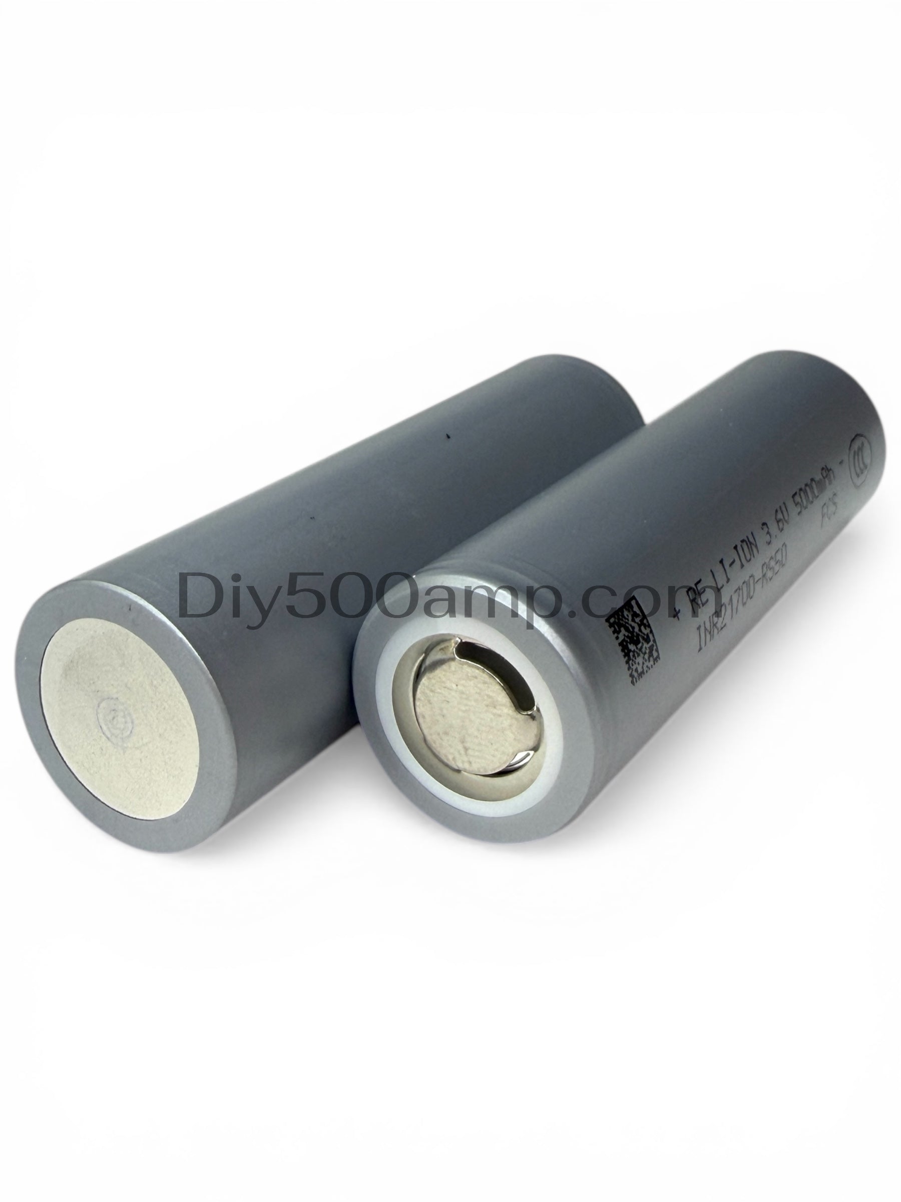 Two Reliance RS50 21700 5000mAh 70A tabless lithium-ion battery cells, bottom angle view
