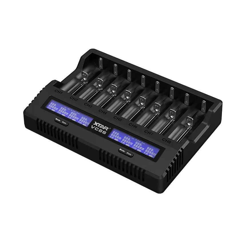 XTAR VC8S eight-bay battery charger, angled view