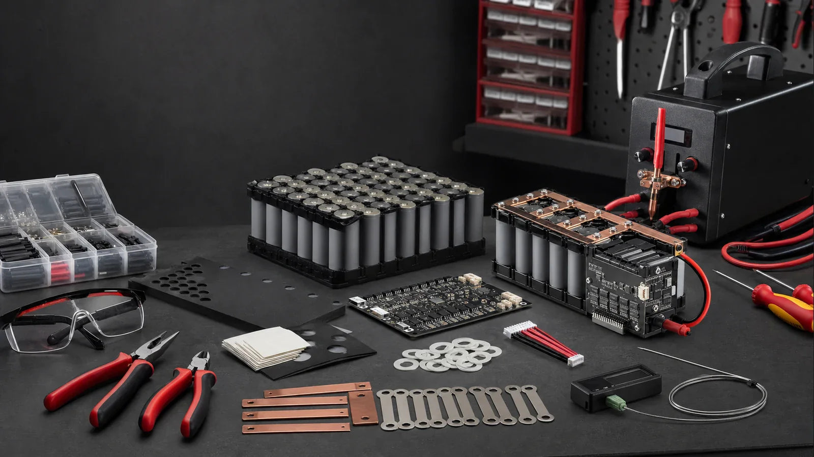 Safe lithium-ion battery pack building workbench with BMS and insulation