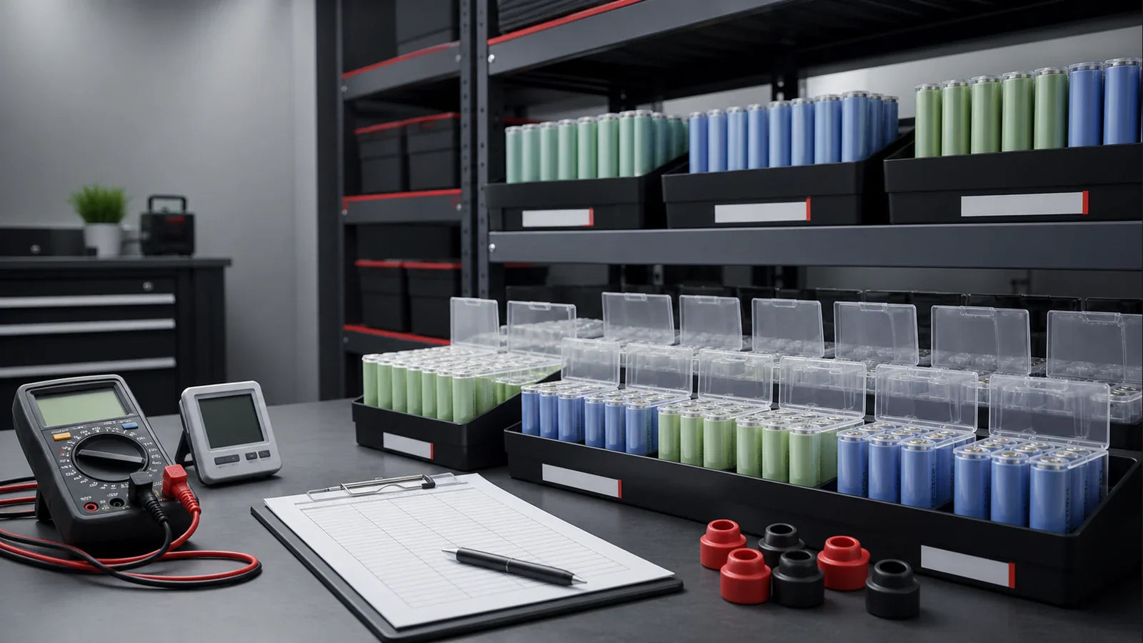 Organized storage and maintenance setup for 18650 and 21700 cells
