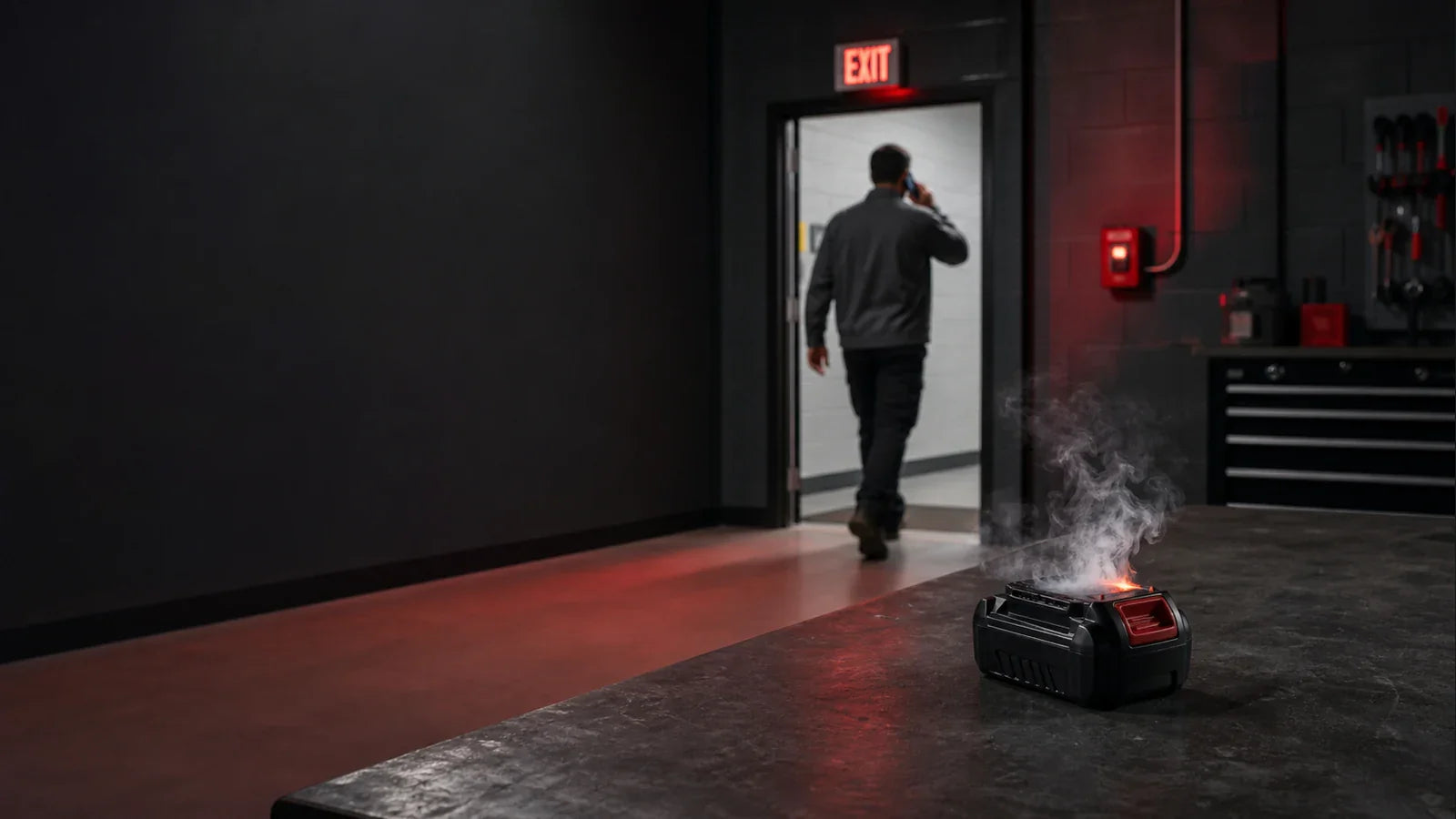 Workshop evacuation during an early lithium-ion battery fire warning