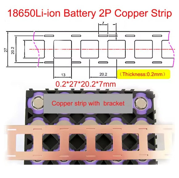 18650 0.2mm T2 copper 2P strip dimensions for cell holder and direct-cell spacing