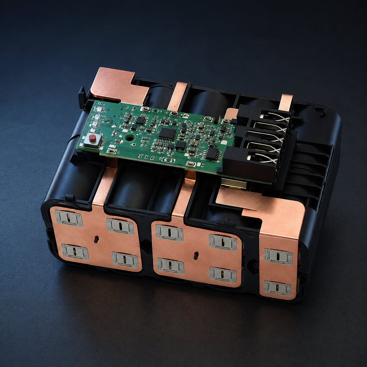 Copper-nickel busbar set shown on a generic 10-cell 21700 battery carrier for installation reference