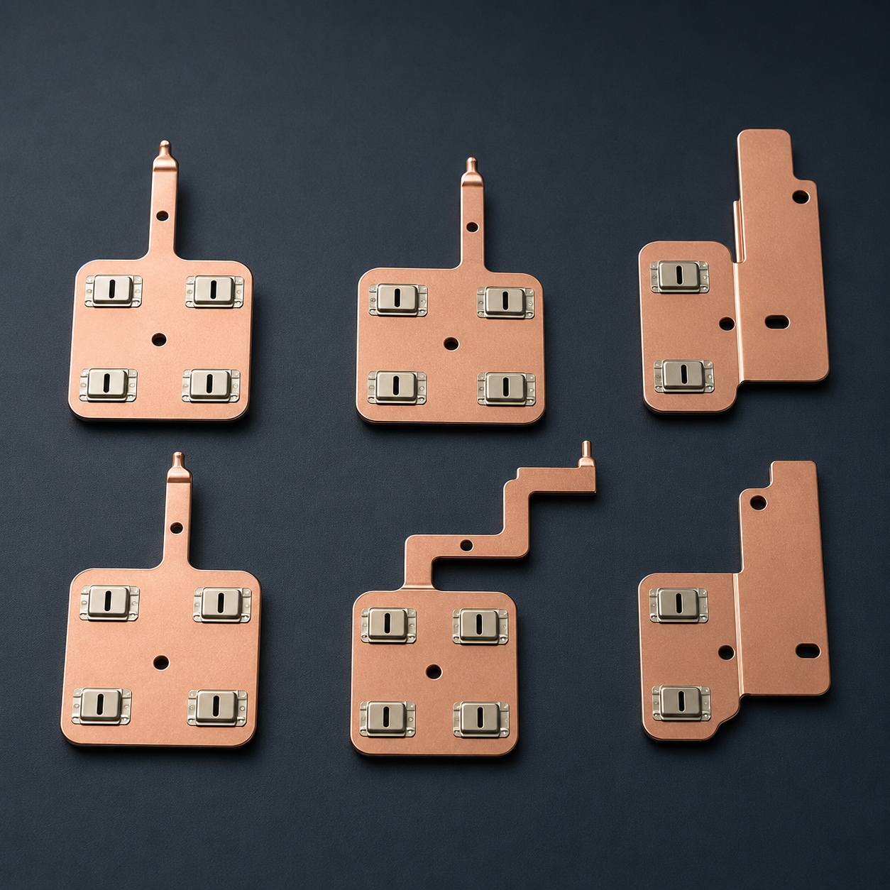 Six-piece 21700 10-cell copper-nickel busbar set on a dark technical background