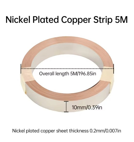 Nickel-Plated Copper Tape 0.2 × 10 mm (5 Meters) – High Conductivity T2 Copper for Battery Building