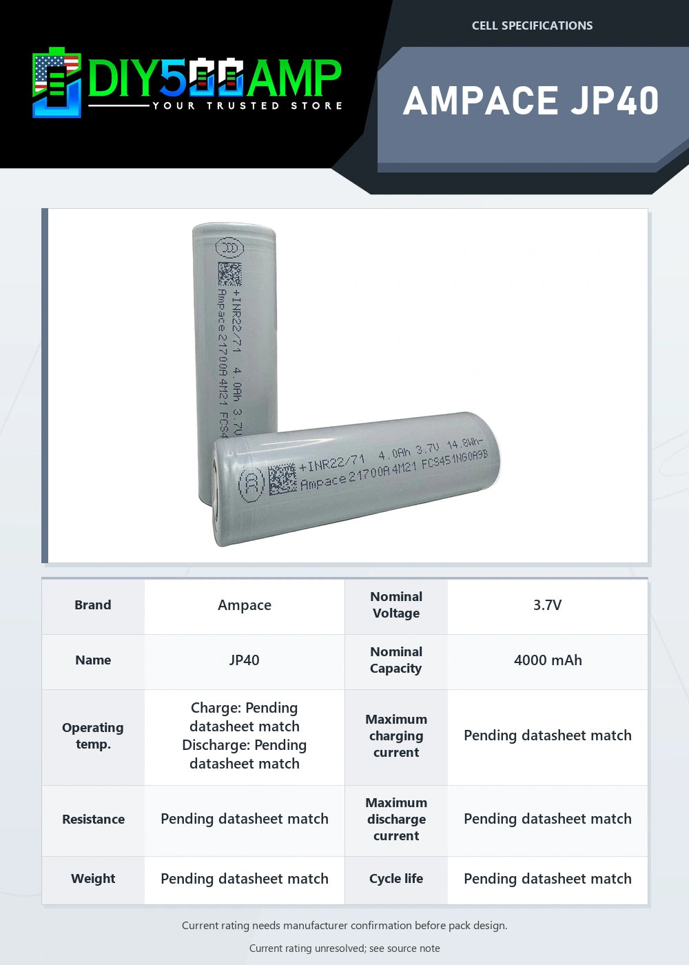 Ampace JP40 lithium-ion battery cell datasheet summary and specifications