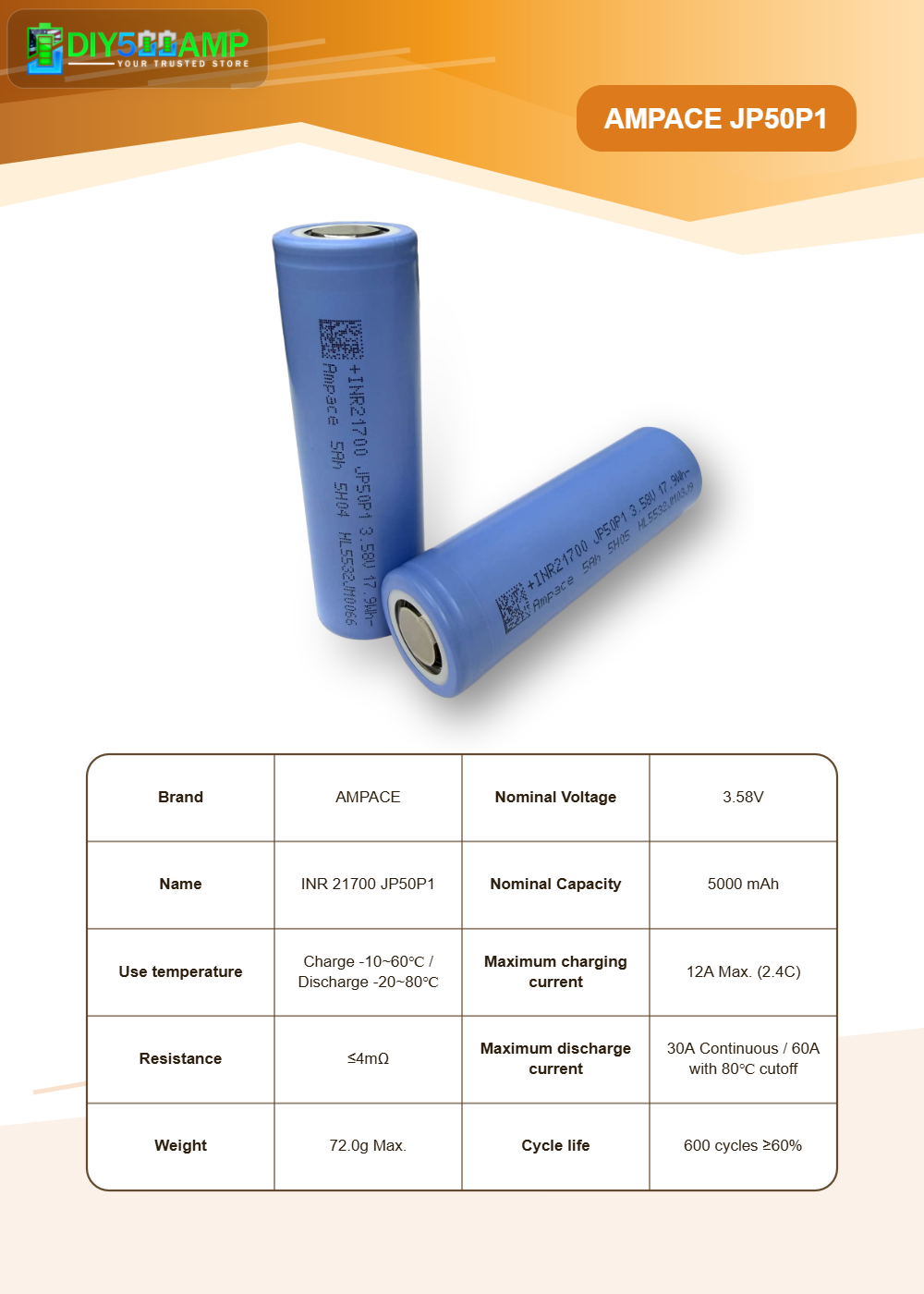 Ampace JP50 21700 5000mAh 60A Battery – Premium High-Current Cell