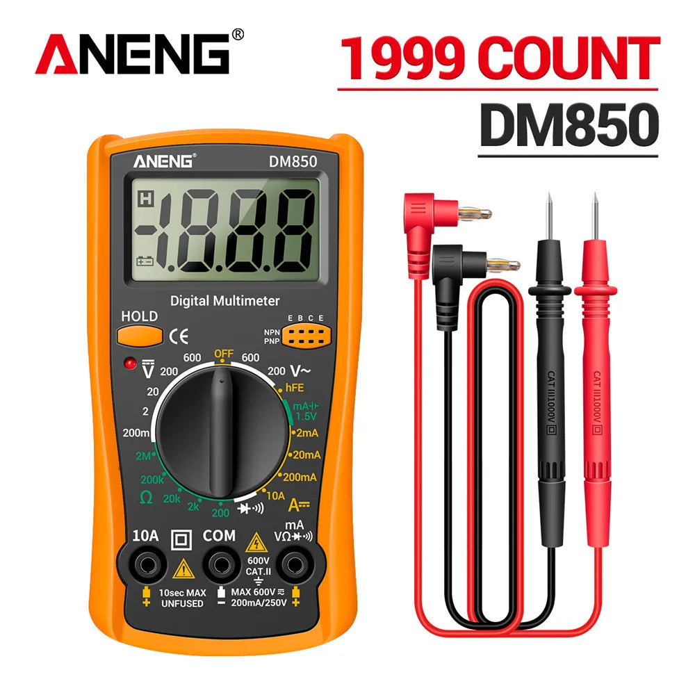 ANENG DM850 yellow 1999-count digital multimeter with red and black test probes