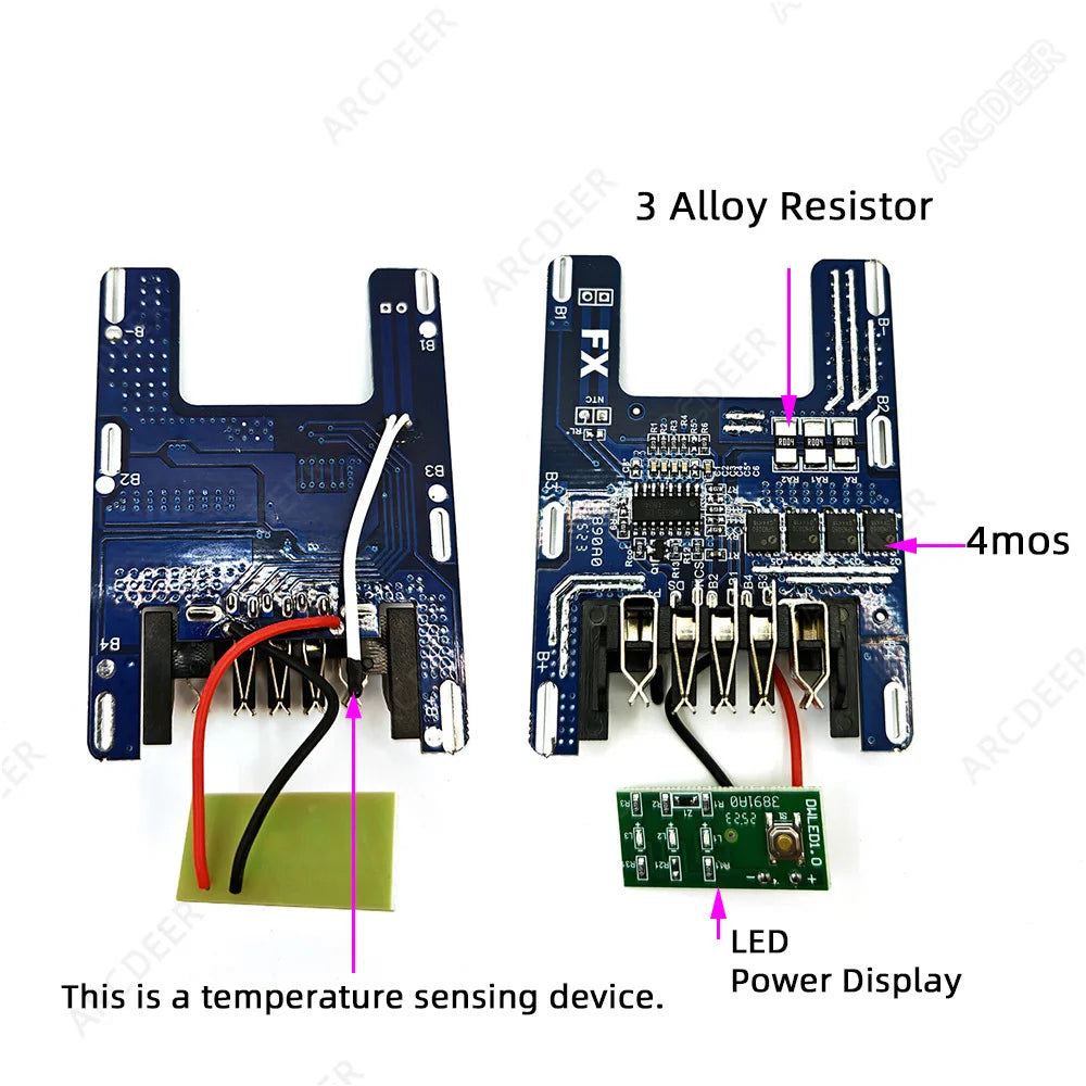 4-MOS main PCB and LED power-display board supplied with the 10x18650 case kit