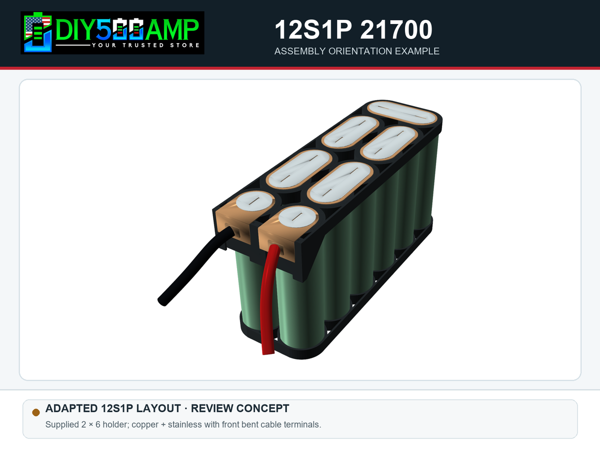DIY500AMP 12S1P 21700 copper and stainless steel busbar assembly with bent front cable terminals - adapted CAD layout for review