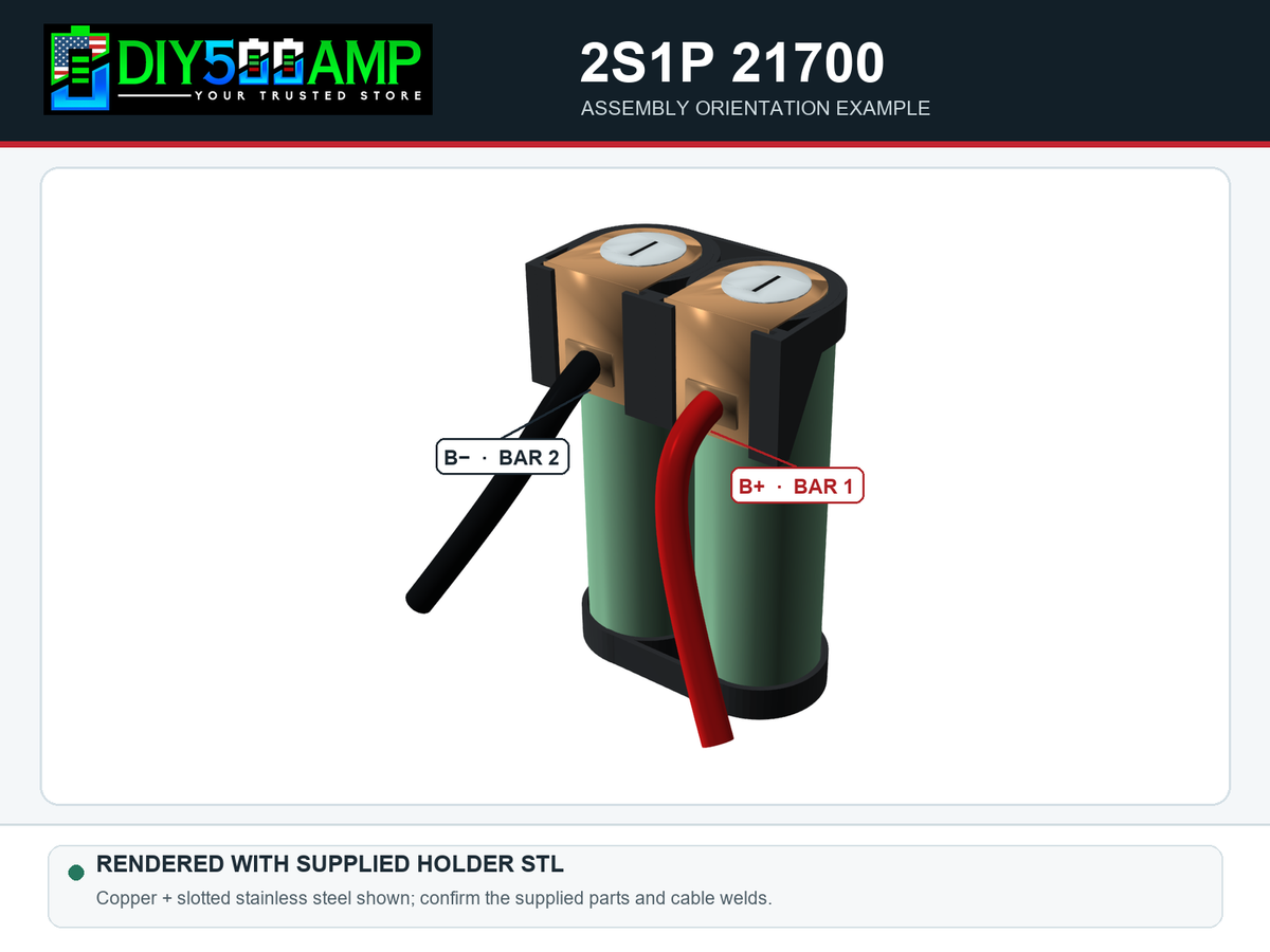 DIY500AMP 2S1P 21700 custom-built pack example, front view with red positive and black negative cable orientation