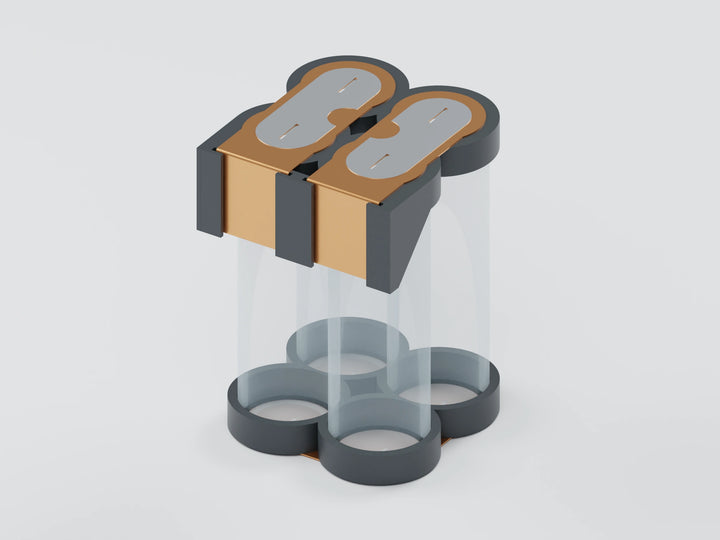 2S2P 21700 hardware kit, face a: opaque tray, copper and slotted overlays with transparent unbranded cells for assembly reference. Selected cell option controls contents.