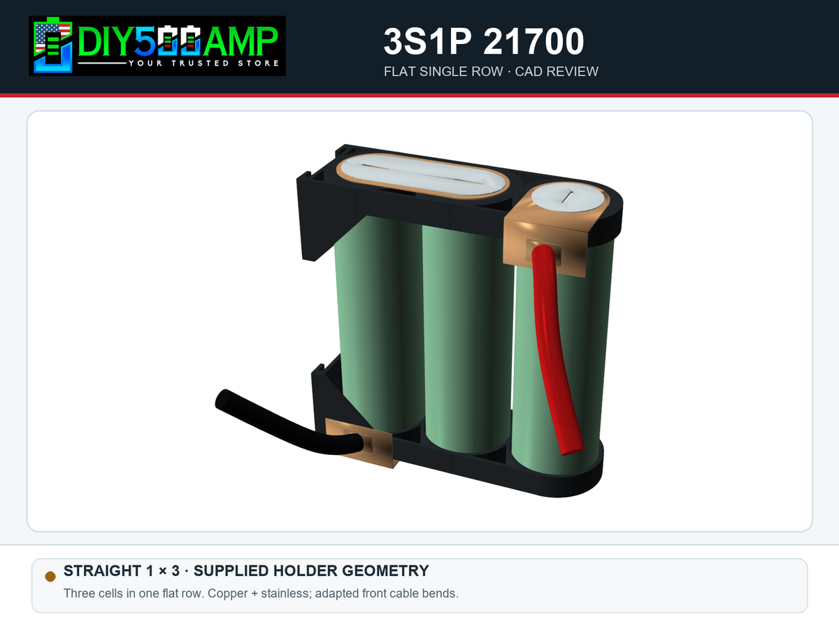 DIY500AMP 3S1P 21700 flat single row of three cells - copper and stainless steel CAD assembly with front cable bends - layout review