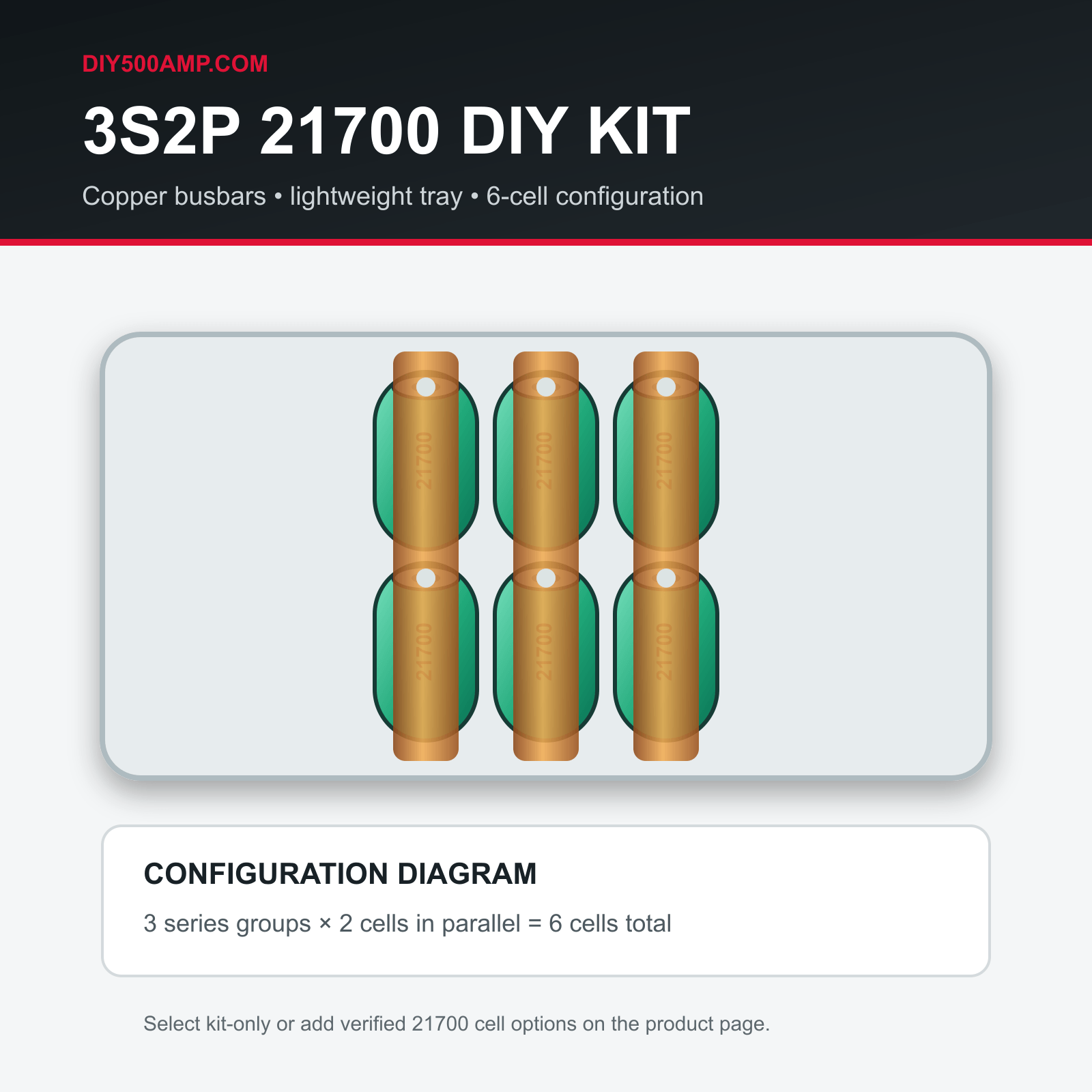 DIY500AMP 3S2P 21700 battery kit configuration diagram for 6 cells
