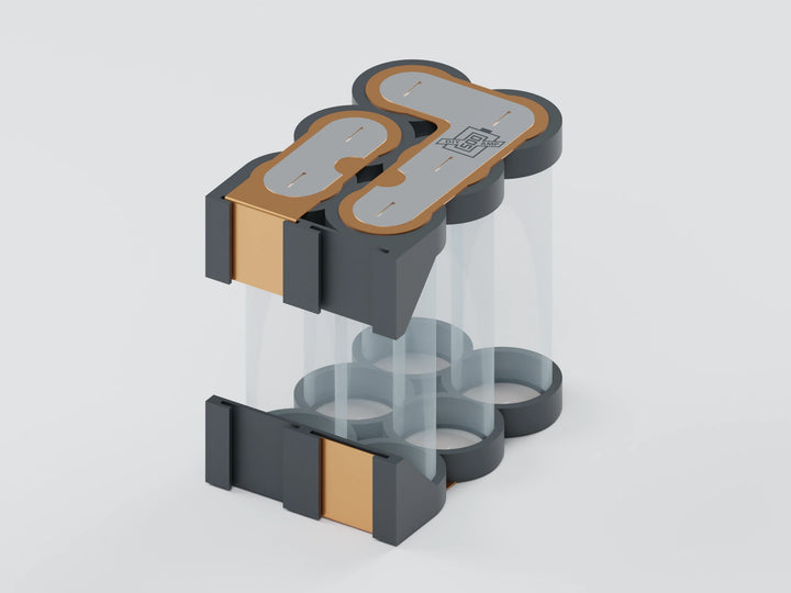 3S2P 21700 hardware kit, face a: opaque tray, copper and slotted overlays with transparent unbranded cells for assembly reference. Selected cell option controls contents.