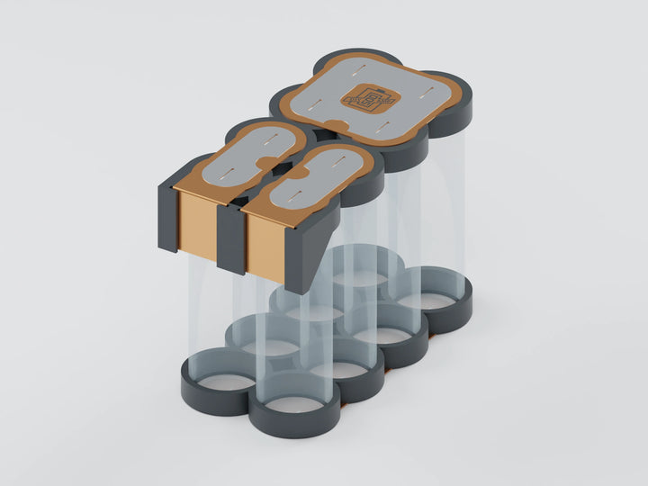 4S2P 21700 hardware kit, face a: opaque tray, copper and slotted overlays with transparent unbranded cells for assembly reference. Selected cell option controls contents.