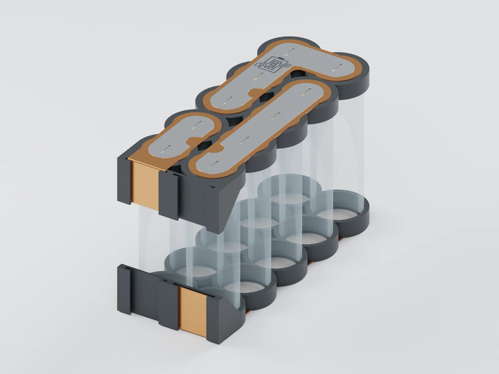 5S2P 21700 hardware kit, face a: opaque tray, copper and slotted overlays with transparent unbranded cells for assembly reference. Selected cell option controls contents.