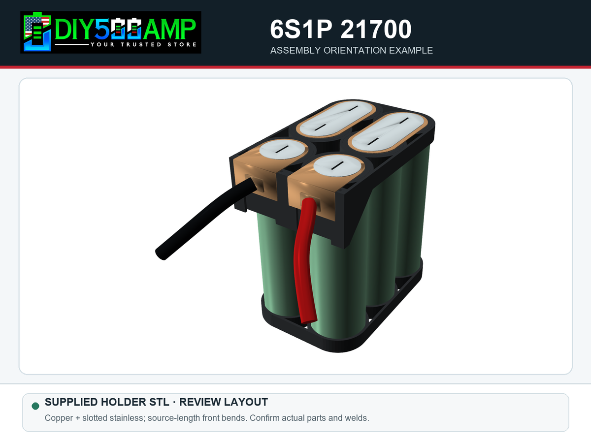 DIY500AMP 6S1P 21700 copper and slotted stainless steel CAD assembly, paired cell layout and bent front cable terminals - design review rendering