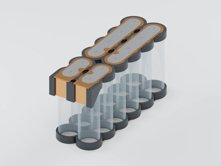 6S2P 21700 hardware kit, face a: opaque tray, copper and slotted overlays with transparent unbranded cells for assembly reference. Selected cell option controls contents.