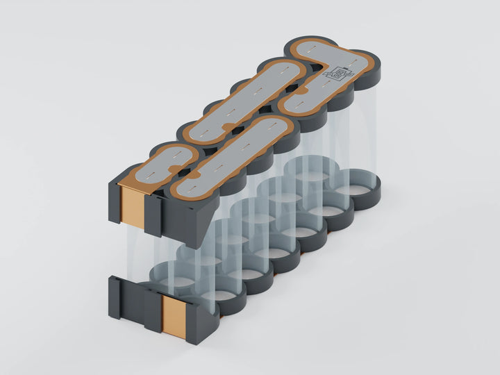 7S2P 21700 hardware kit, face a: opaque tray, copper and slotted overlays with transparent unbranded cells for assembly reference. Selected cell option controls contents.