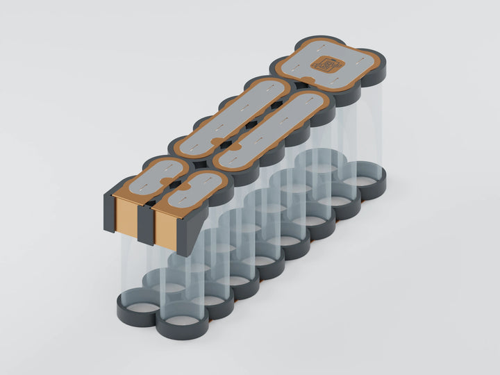 8S2P 21700 hardware kit, face a: opaque tray, copper and slotted overlays with transparent unbranded cells for assembly reference. Selected cell option controls contents.