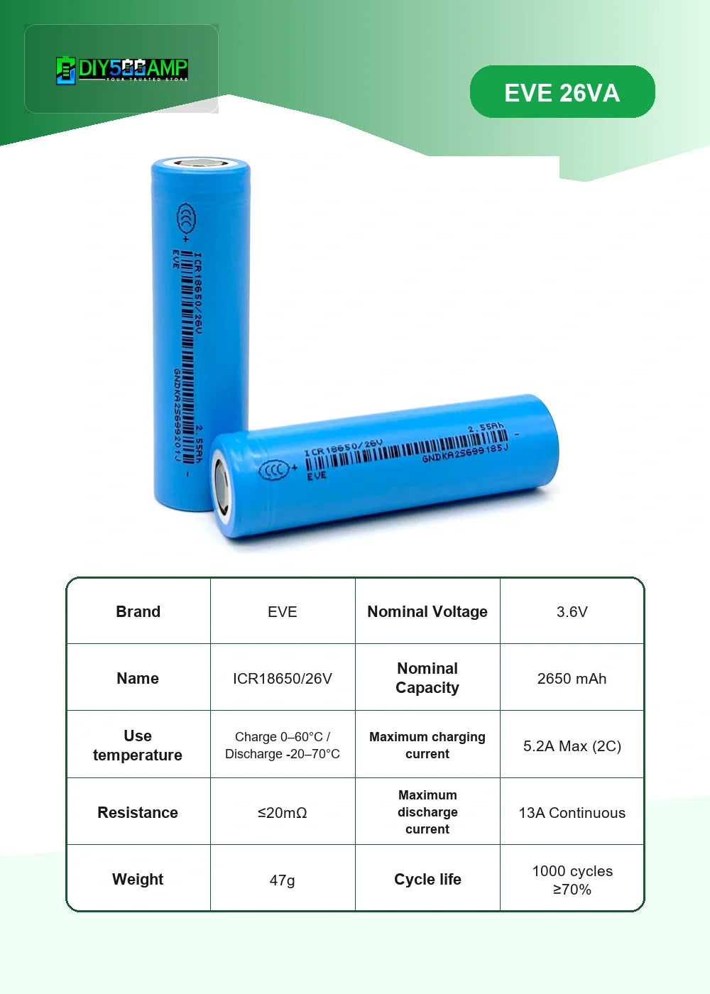 EVE 26VA lithium-ion battery cell datasheet summary and specifications