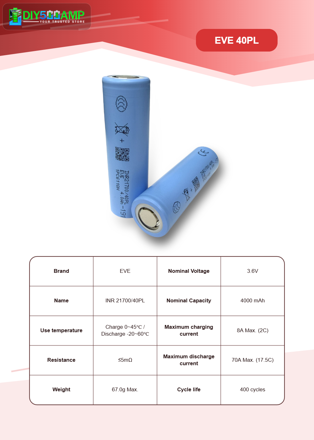 EVE 40PL 21700 4000mAh 70A Battery - Tabless Cell