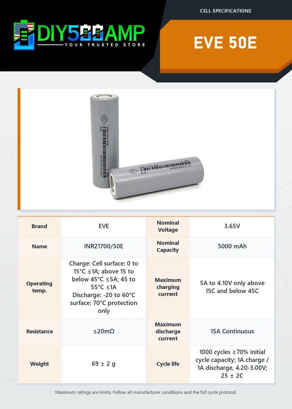 EVE 50E lithium-ion battery cell datasheet summary and specifications