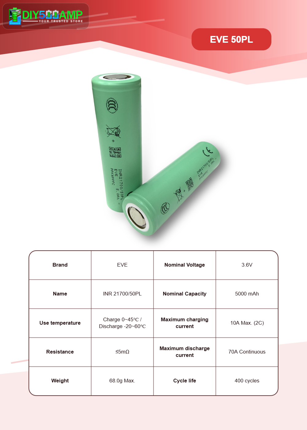 EVE 50PL 21700 5000mAh 70A Tabless Lithium-Ion Battery Cell - lithium-ion battery cell photo 2