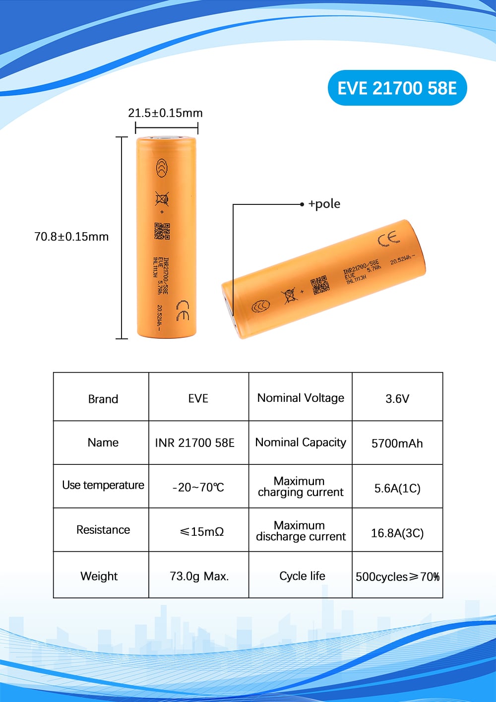 EVE INR21700 58E 5700mAh 16.8A -  Battery Cell
