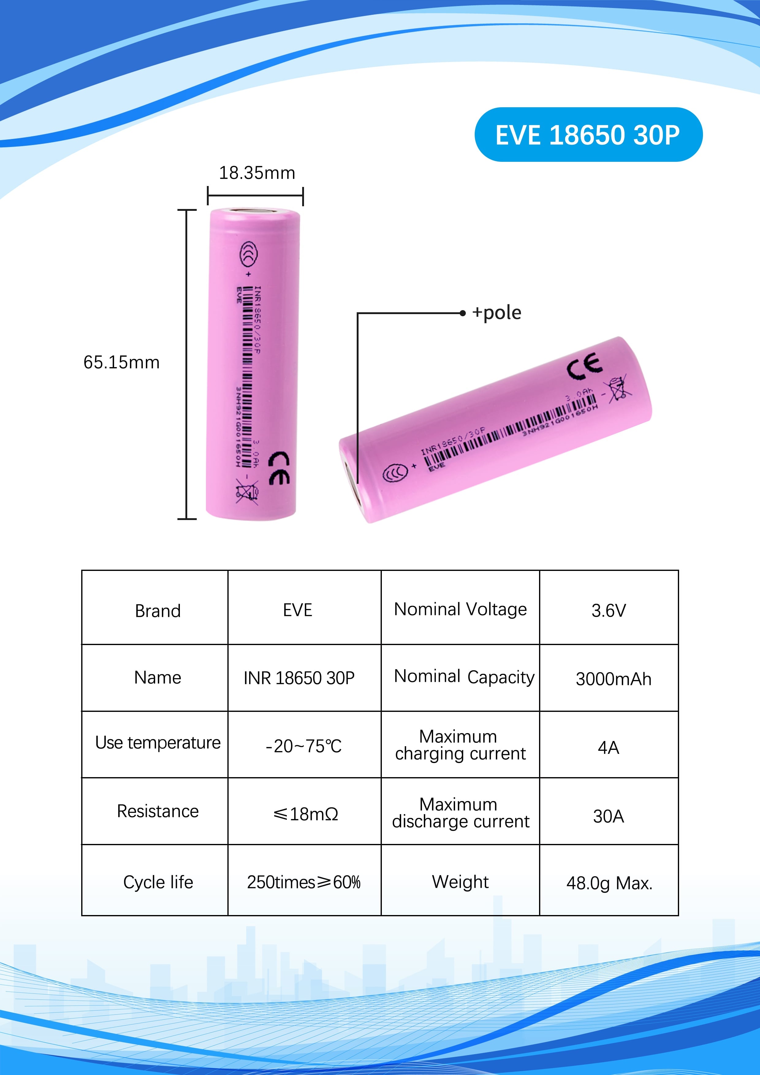EVE 30P 18650 3000mAh 30A Battery Cell, detail view 4