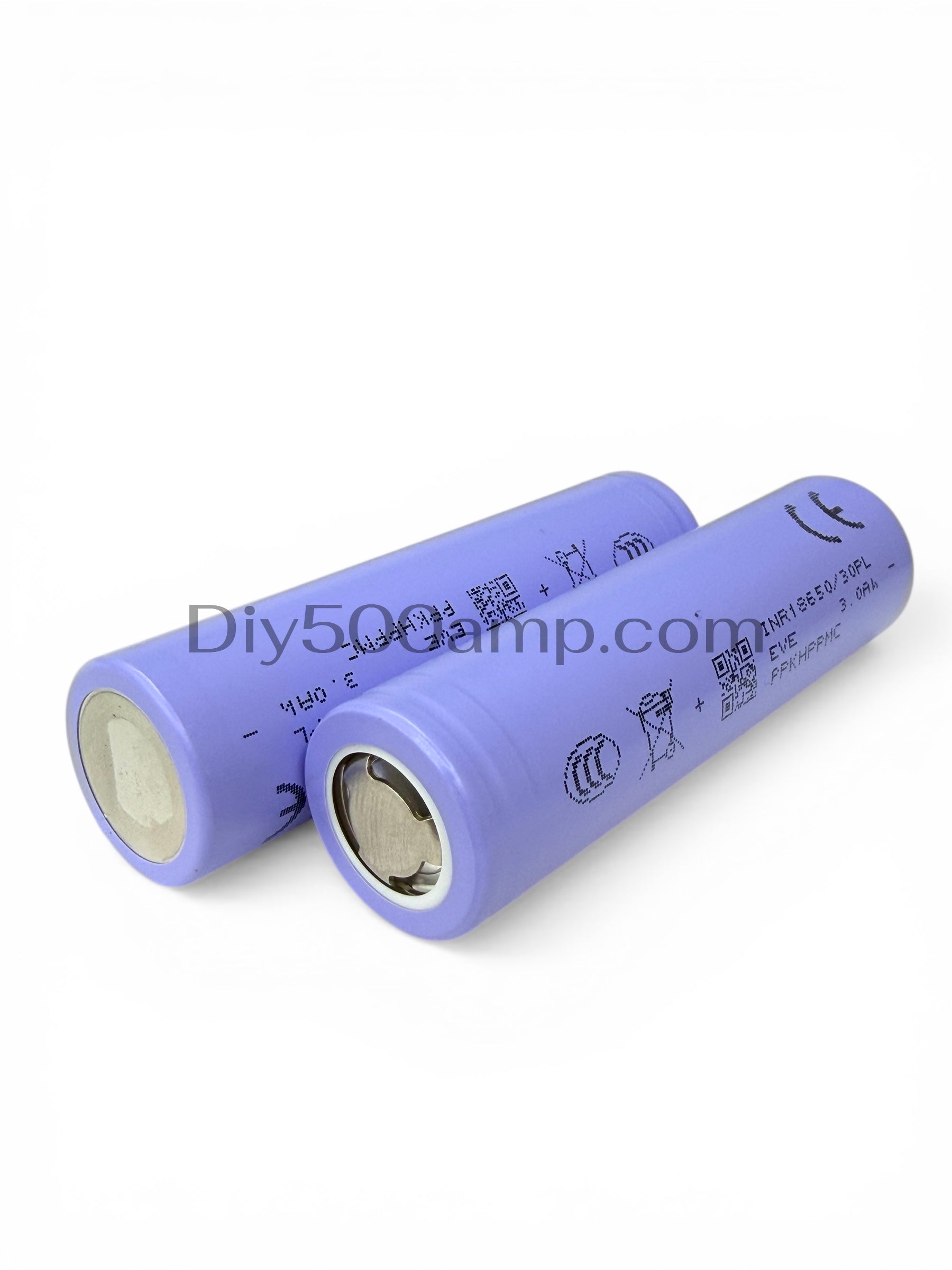Two EVE INR18650/30PL 3000mAh lithium-ion battery cells, angled side view